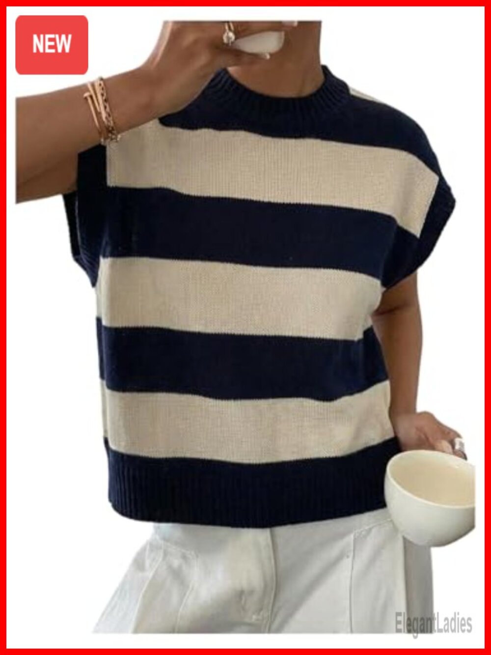 Striped Knit Sleeveless Vest Pullover Sweater Tank Top for Layering